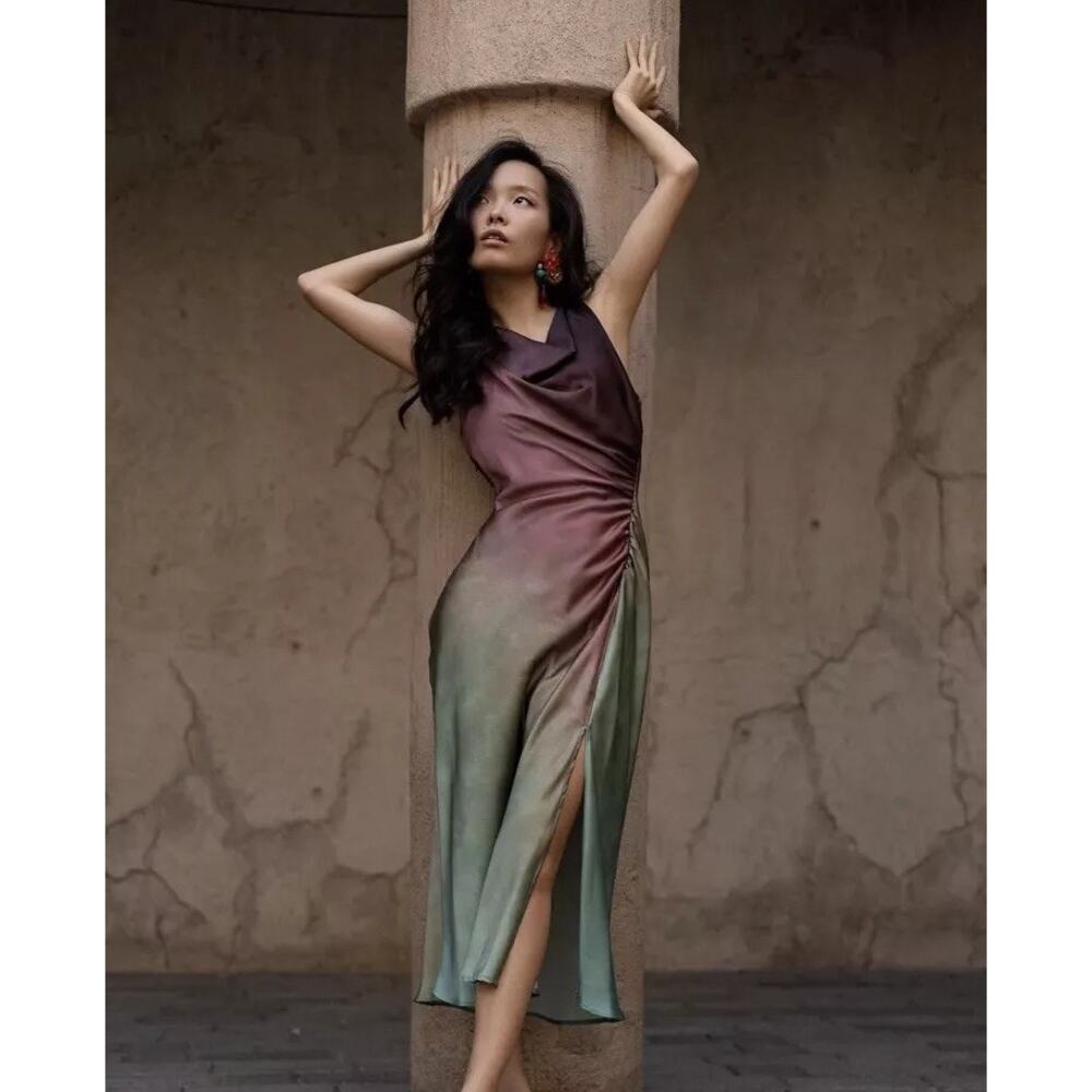 New ZARA Midi Satin Effect Tie-Dye Multicolored Dress Women Sz L